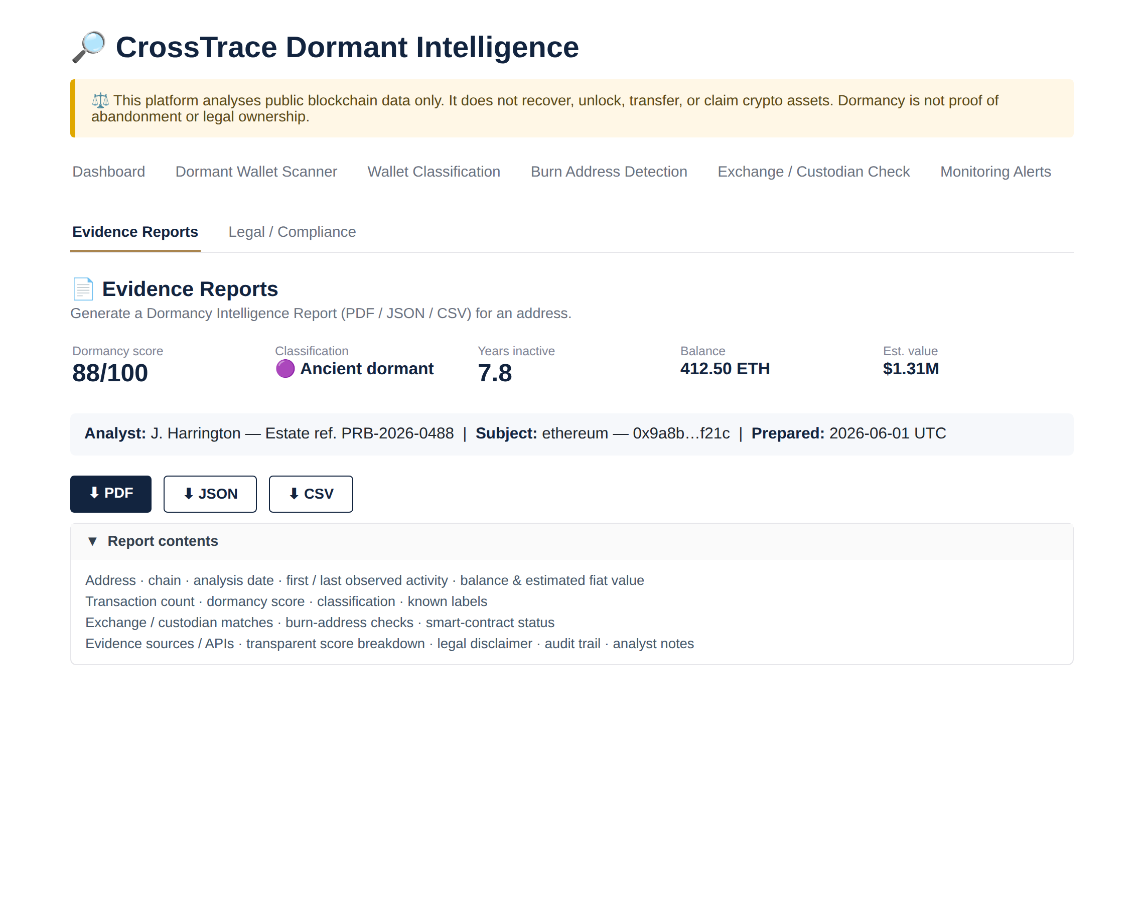 Evidence report generation in CrossTrace